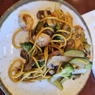 a plate of pasta with broccoli and mushrooms