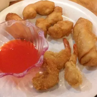 Sweet &amp; Sour chicken, egg roll and breaded shrimp