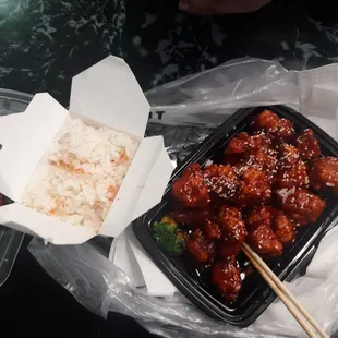 Sesame chicken, few bites of broccoli, rice.  Pretty good.