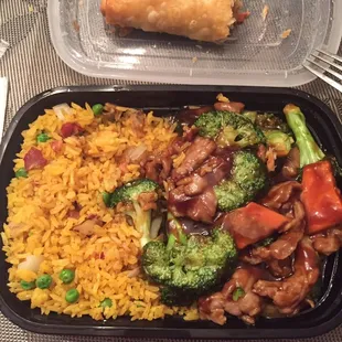 Beef and broccoli combo. Comes with fried rice and egg roll.
