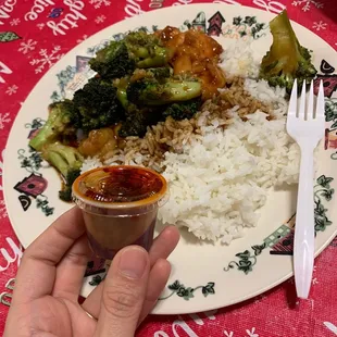 Shrimp  with Brocolli, white rice and chilé cup.
