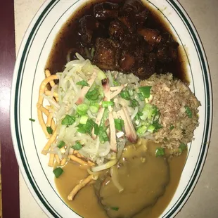 All 4 Combination. Sweet and sour spareribs, egg foo young, pork chow mien and pork fried rice. $8.95
