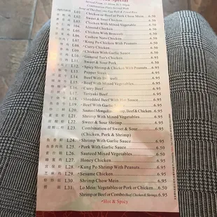 Lunch menu at Eastern Chinese Restaurant