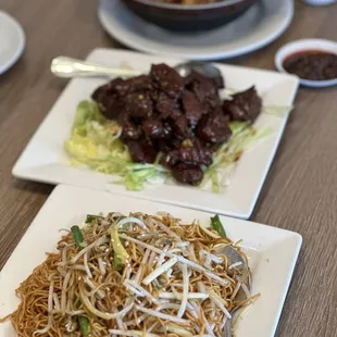 Pan fried noodles, French beef, eggplant clay pot