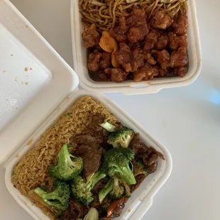 Beef and broccoli with pork fried rice Orange chicken with lo mein