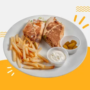 Order your shawarma sandwich meal comes with crispy fries, creamy garlic sauce, and juicy pickles!
