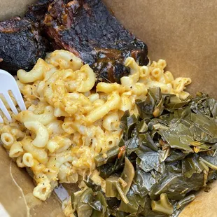 Spare ribs, macaroni and cheese, collard greens.