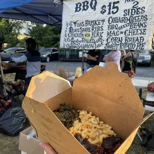 Spare ribs, macaroni and cheese, collard greens. Vendor at Socrates Sculpture Park