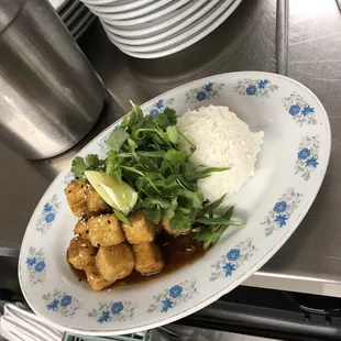 Vietnamese sweet and spicy tofu with fresh herbs.