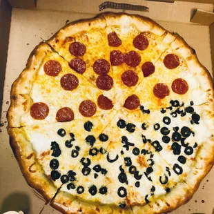 pepperoni, olives, and cheese pizza