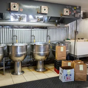 stainless steel pots and pans in a commercial kitchen