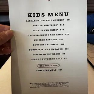 Kids menu