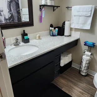 The main bathroom has a lot of counter space