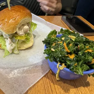 Shrimp salad sandwich and kale slaw