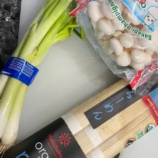 Green onion, bunapi mushrooms (so cute) and ramen noodles