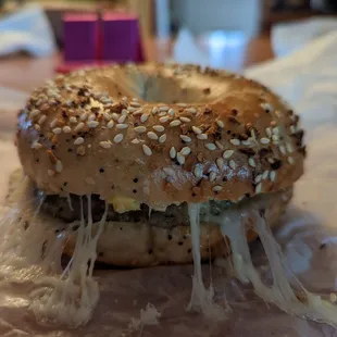 everything bagel with egg, Chicken sausage and low fat Swiss