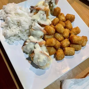 Bistro Crab Stuffed Shrimp with tots instead of broccoli