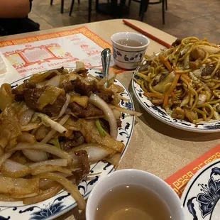 Pan fried beef noodle and house chow mein.