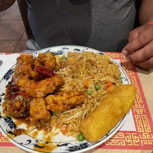 General Tso's chicken dinner combination plate