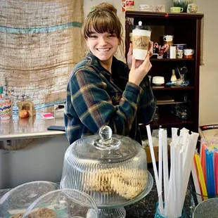 Sarah wishing a kiddo Happy Birthday with their favorite drink item from Eastside Coffee