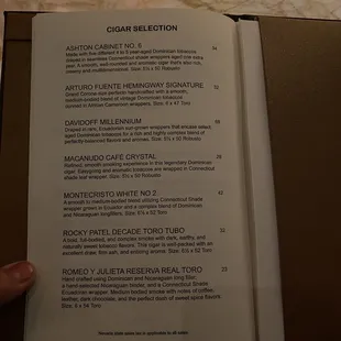 Cigar menu