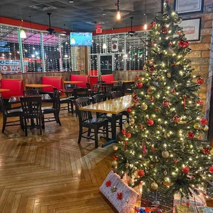 a christmas tree in a restaurant