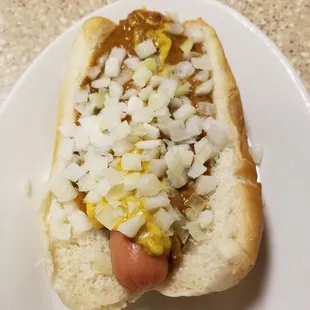 a hot dog with onions and mustard