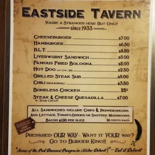 Eastside Tavern Menu