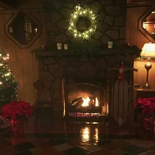 a christmas tree in front of a fireplace