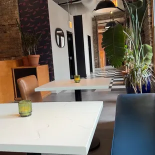 a table and chairs in a restaurant