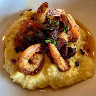 Shrimp &amp; grits w/ cajun shrimp and Portuguese sausage.