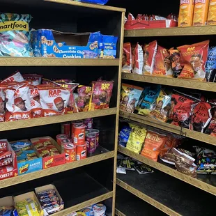 a shelf of snacks and snacks
