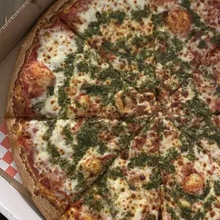 a whole pizza in a box