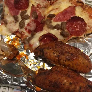 Best pizza I&apos;ve ever gotten from a gas station lol Chicken Wings Meat Lovers Pizza