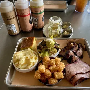 2 Meat Plate - Kalbi Brisket and regular brisket. Sides: tator tots, Mac and cheese, corn bread, Brussels sprouts.
