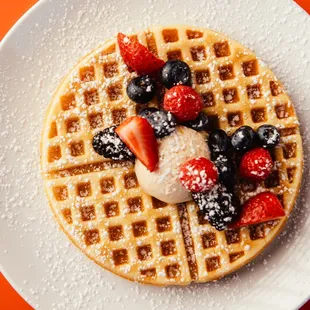 Waffles with fresh fruit and peach butter