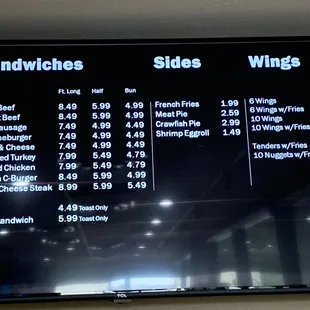 a menu for sandwiches and wings