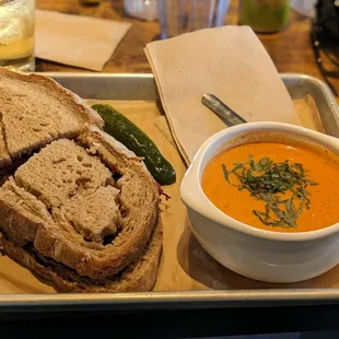 Corned beef sandwich and tomato basil soup