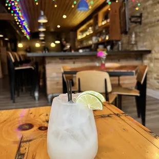 a drink on a wooden table