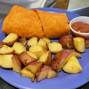 Breakfast burrito with potatoes.