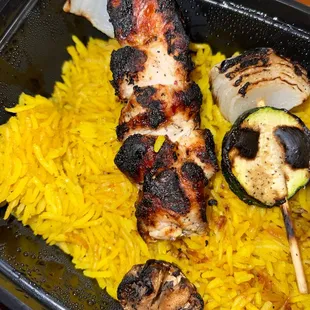 Burnt Chicken Kabob. Looks like my vegi caught fire.