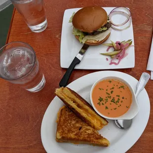 All beef burger, and grilled cheese and tomato soup