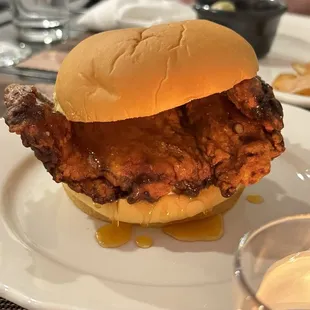 Fried chicken sandwich with hot honey.