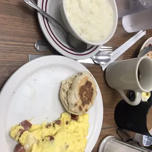 Kielbasa and Swiss cheese omelette and grits