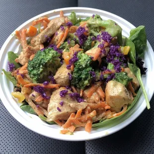 My Custom Chicken Bowl with Mixed Greens, Broccoli, Peppers, Carrots, and Creamy Cilantro Lime Sauce - Amazing!