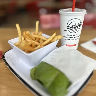 My French fries, with my lettuce wrapped Maui burger ( teriyaki burger) and a medium drink.
