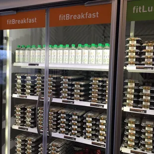 The freezer with water and breakfast options