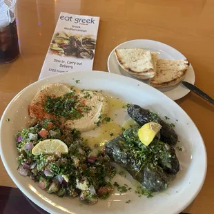Dolmadaka "Stuffed Grape Leaves" Hummus and Tabbouleh