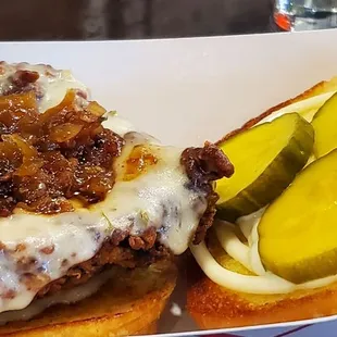 Chicken sandwich..gourmet styler.......onion jam..fresh pickles..brioche grilled bun....$9