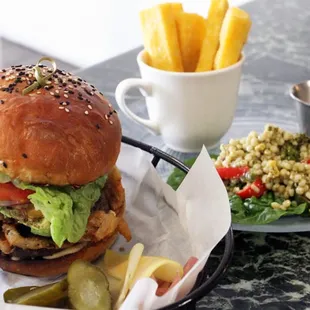 Surf &amp; Turf Burger, Polenta Fries, Couscous Salad